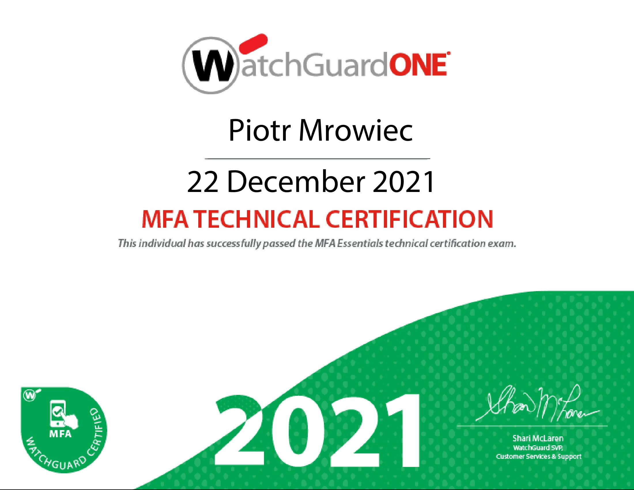 Piotr Mrowiec - WatchGuard Network Security Technical Certification