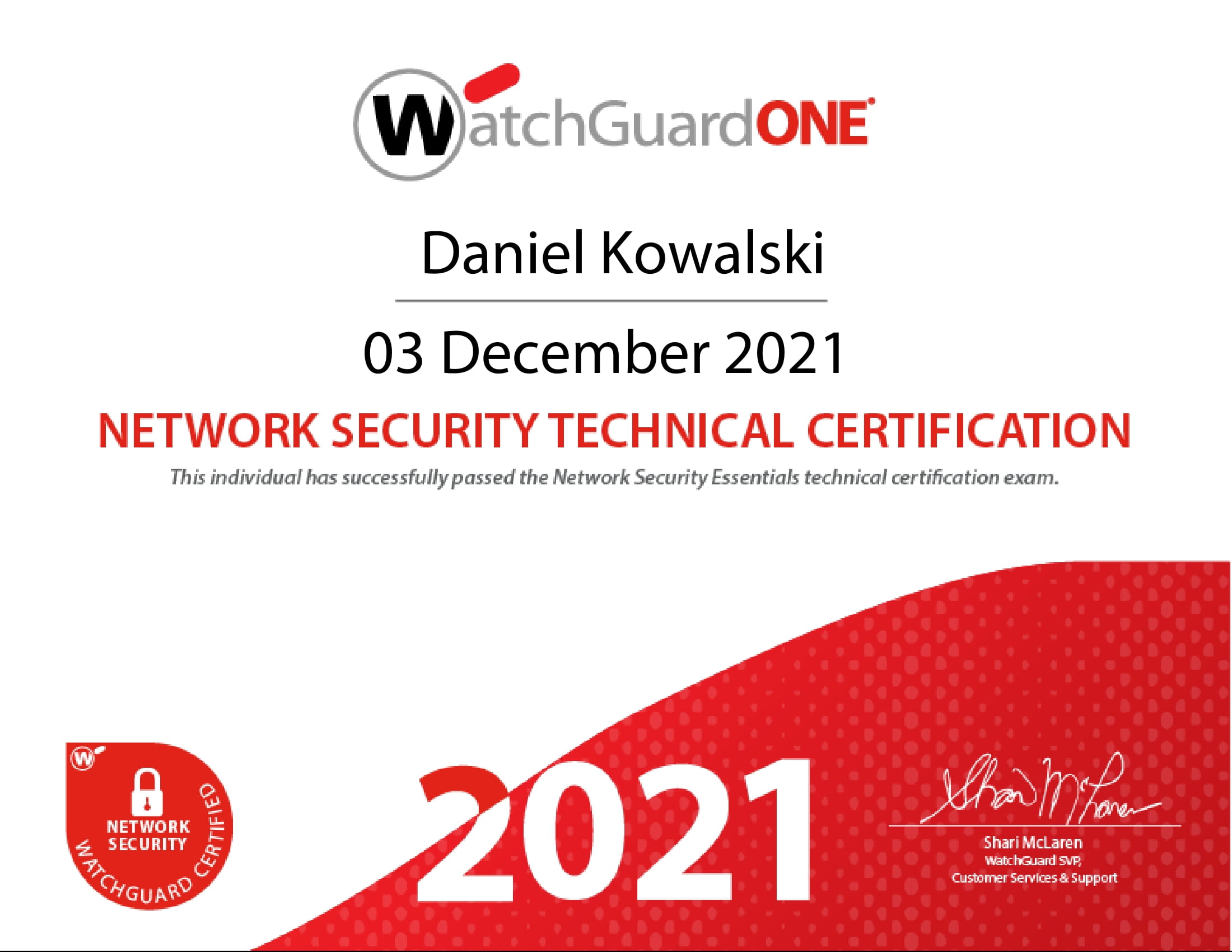 Daniel Kowalski - WatchGuard Network Security Technical Certification